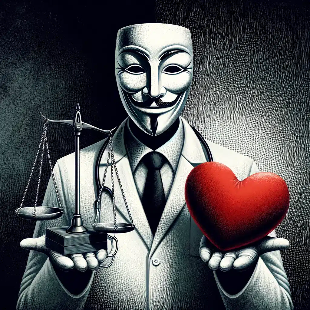 Image d'un médecin tenant une balance de justice et une peluche en forme de cœur, symbolisant le conflit entre éthique professionnelle et comportements personnels