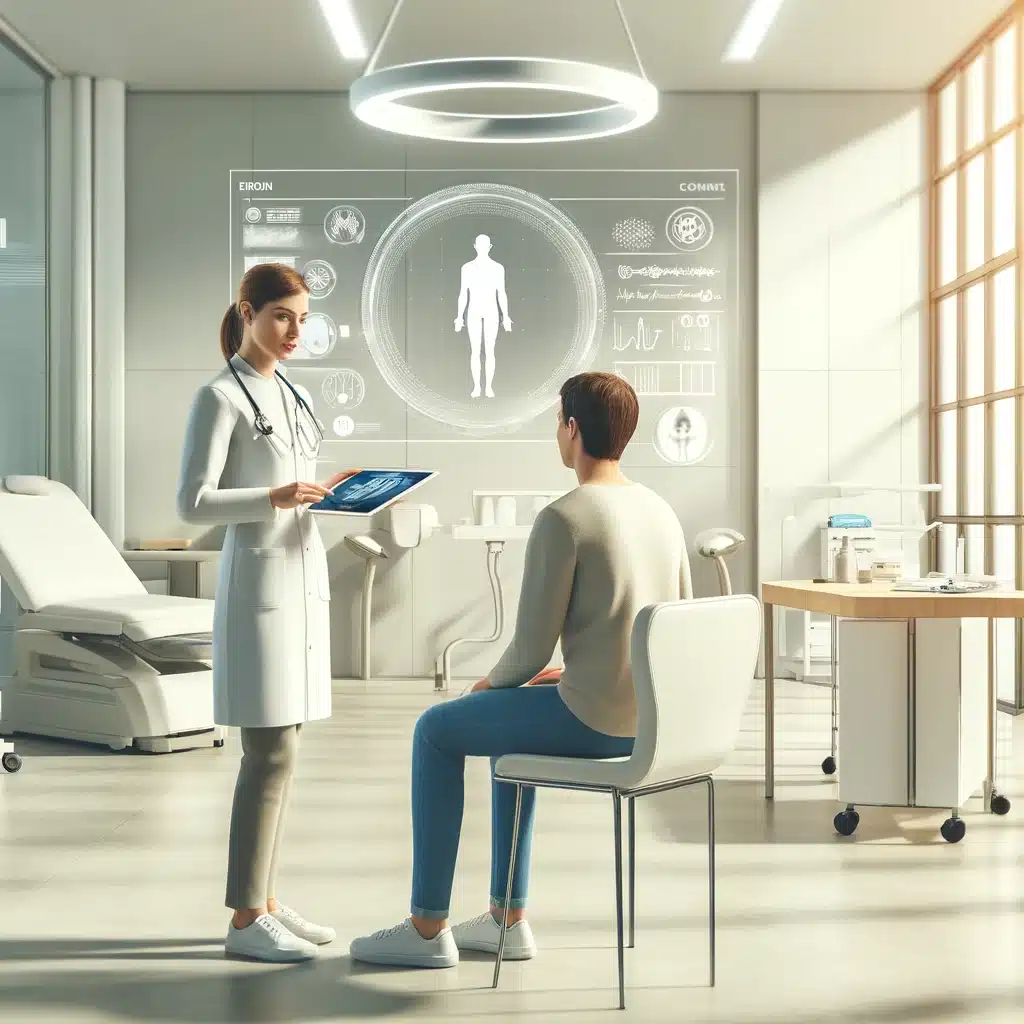 Image représentant une consultation infirmière moderne avec une infirmière utilisant une tablette pour expliquer une procédure médicale à un patient