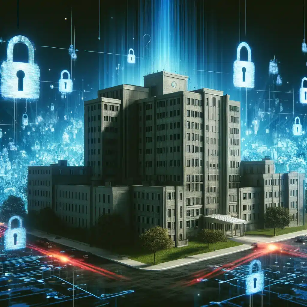 Une représentation artistique d'un hôpital sous une attaque numérique, avec des codes et des verrous numériques visibles dans l'air, symbolisant la cyberattaque
