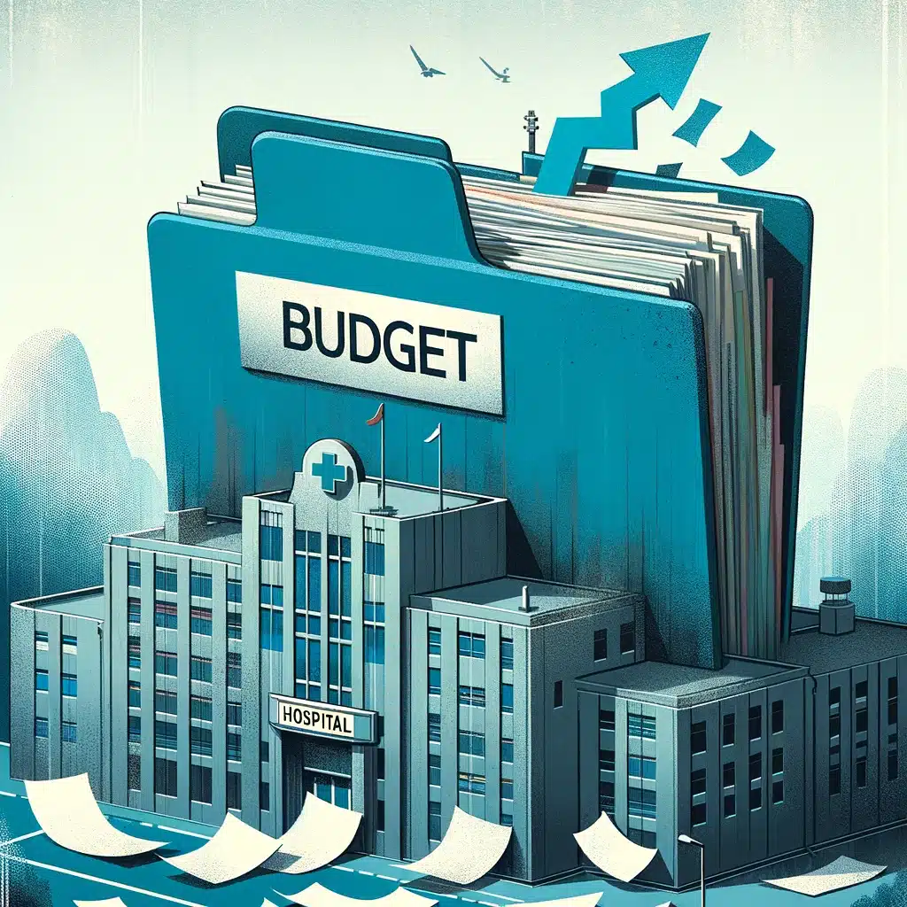 Illustration du déficit financier des hôpitaux publics en 2023 avec un dossier débordant marqué 'Budget'