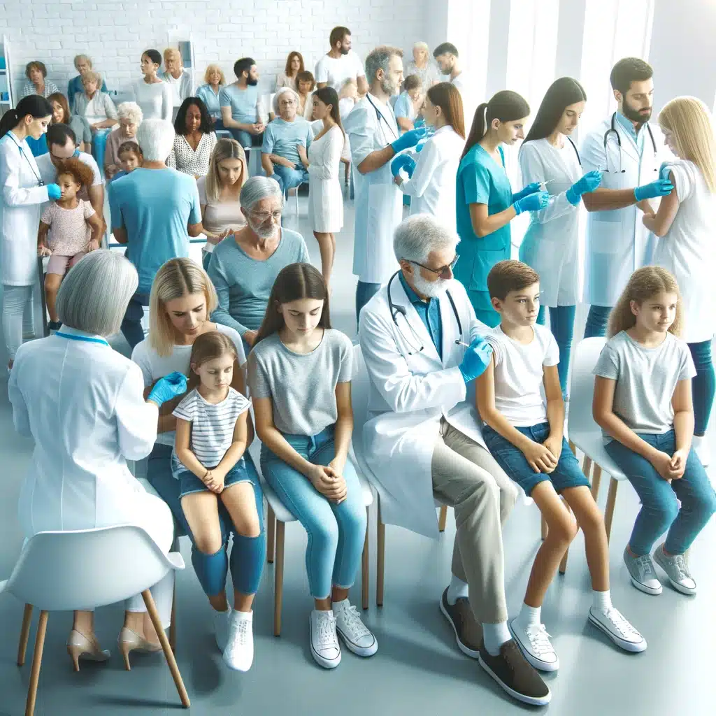 Personnes de différents âges et ethnies recevant des vaccinations dans une clinique moderne