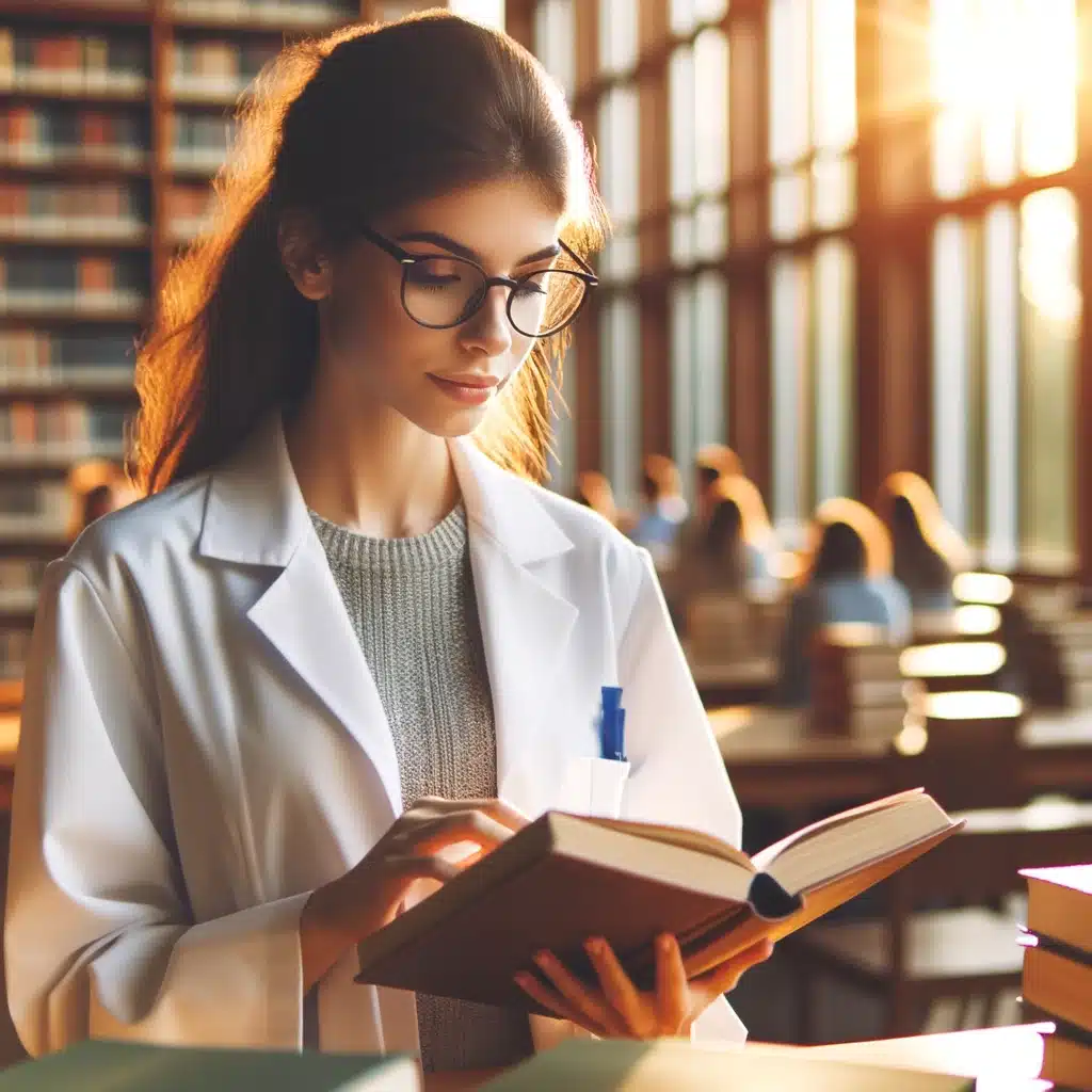 Une femme en blouse de médecin, regardant des livres dans une bibliothèque universitaire, avec des fenêtres ensoleillées en arrière-plan. Elle a des cheveux châtains et porte des lunettes. L'ambiance est studieuse et inspirante.