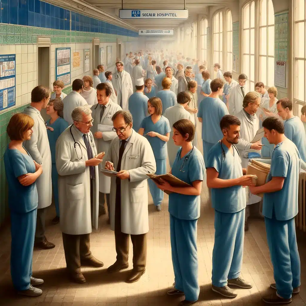 Scène dans un hôpital public parisien montrant des médecins en pratiques publiques et libérales