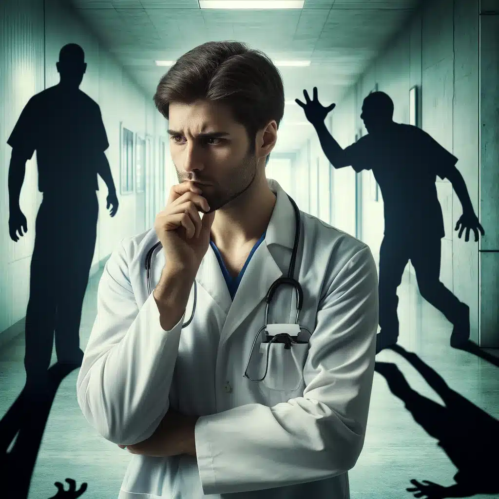 Un médecin stressé dans un hôpital, symbolisant la menace d'agression