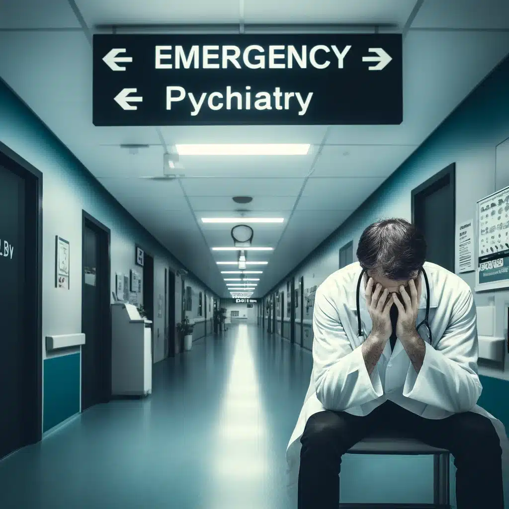 Personnel médical stressé dans un couloir d'hôpital