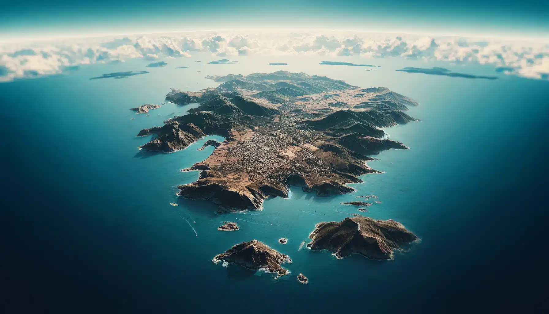 Vue aérienne de la Corse avec la mer en arrière-plan, symbolisant la situation géographique et la spécificité de la pratique médicale.